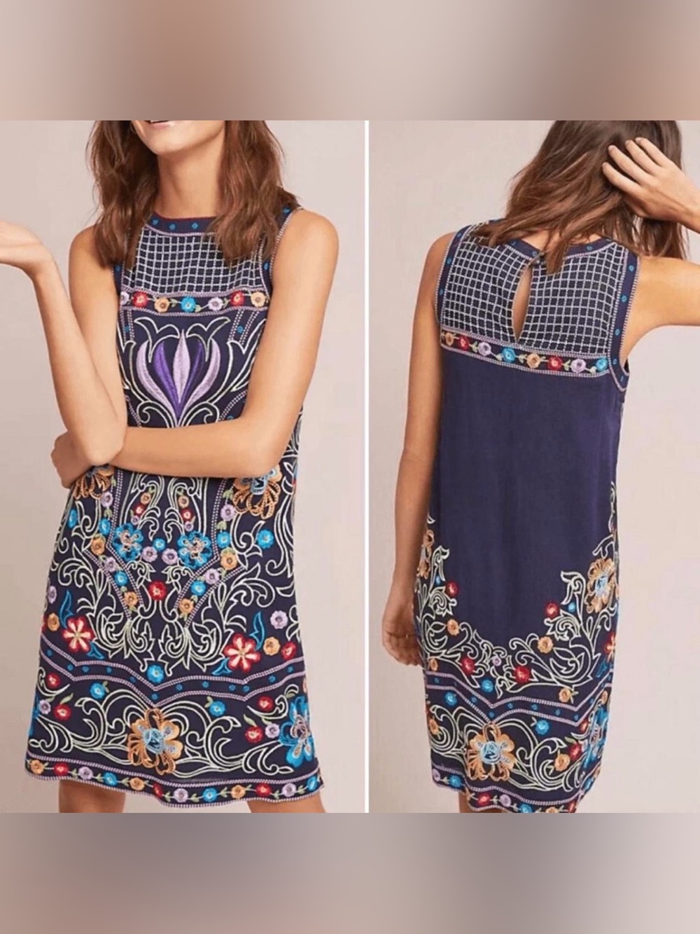 Maeve Anthropologie Blue Floral Embroidered Mini Shift Dress Womens 2